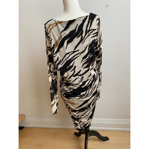 𝅺BP Women Ruched Animal Print Dress Bnwot Mesh Long Sleeve Vneck - Picture 4 of 6